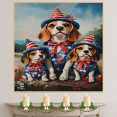 Beagle Dog Family Patriotic Portrait – Mom and 3 Puppies in Red, White & Blue Outfits with Flag and Hats on Ready to Hang 1.5" Thick Canvas Wrap, Floating Framed Canvas, Flat Rolled Canvas